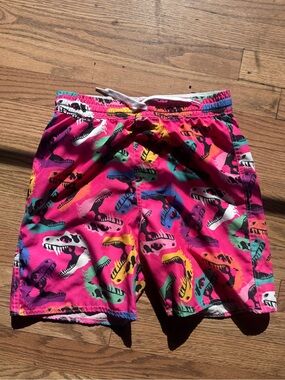 Kids Bright Pink Dino Print Swim Trunks with Drawstring